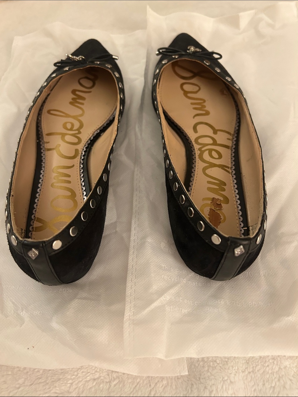 Sam Edelman Black Pointed Toe Studded Bow Flats - Picture 2 of 5